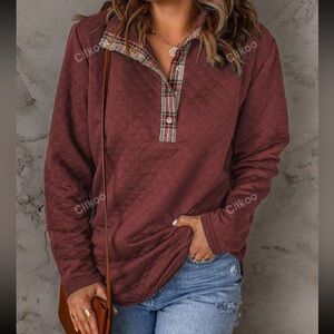Quilted Red Pullover with Plaid Accents
